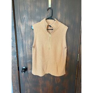 Talbots Womens Large Camel Tan Ribbed Quarter Zip Mock Neck Sweater Vest L
